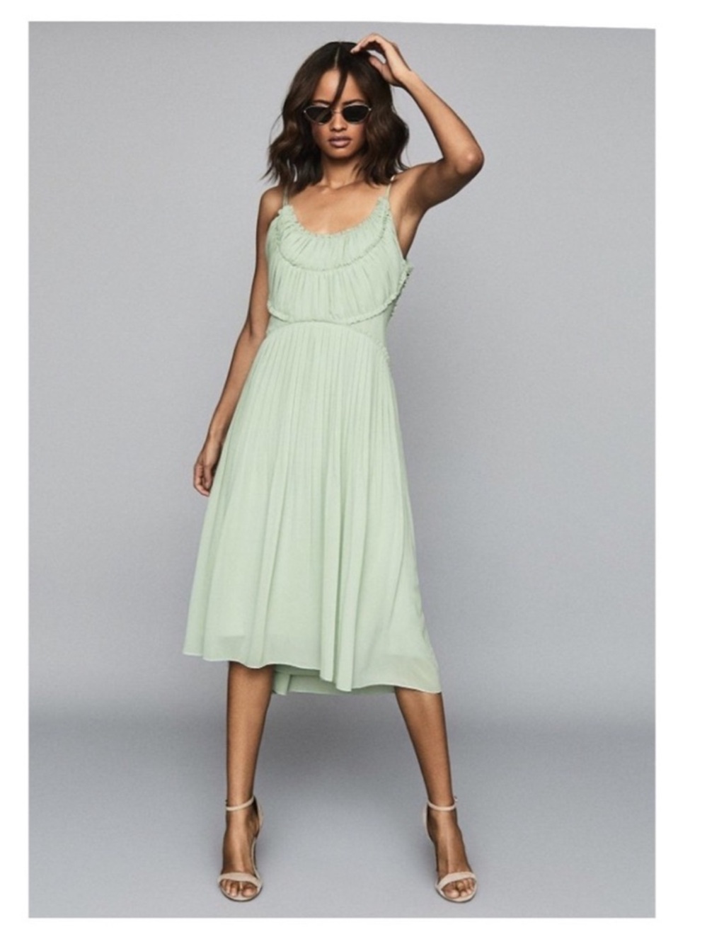 New! REISS Thora Pleated Ruffle Chiffon Lightweight Midi Dress in Light Olive